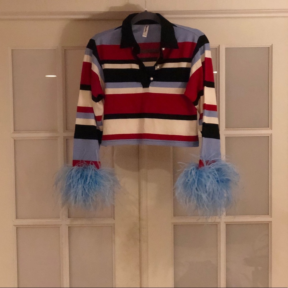 Adam Selman Cropped Polo with Feather Sleeves